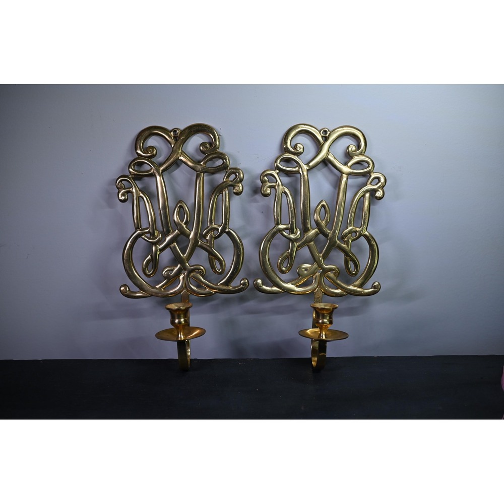 Vintage Brass Wall Sconce Candle Holder Set MCM Mid Century Scroll Gold 2pc